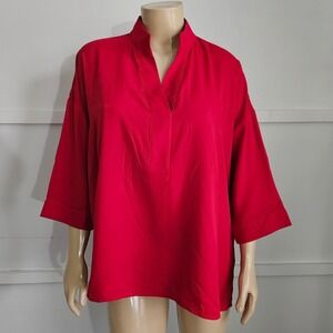 MING WANG Red Mandarin Collar 3/4 Sleeve Tunic Shirt Top Plus Size XL